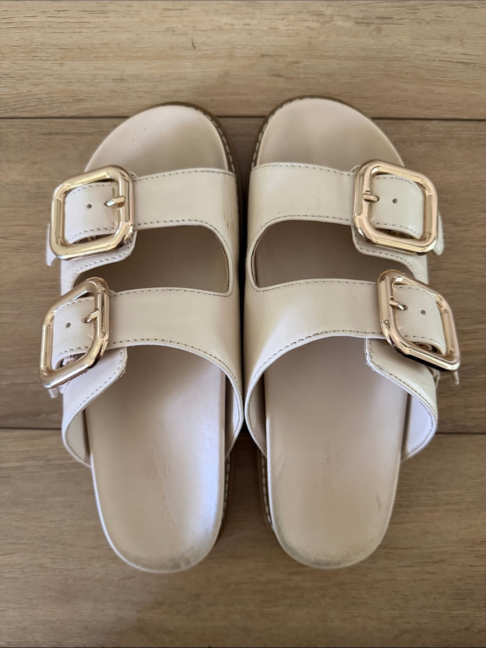 Classic Double-Buckle Leather Slide Sandals in Cream